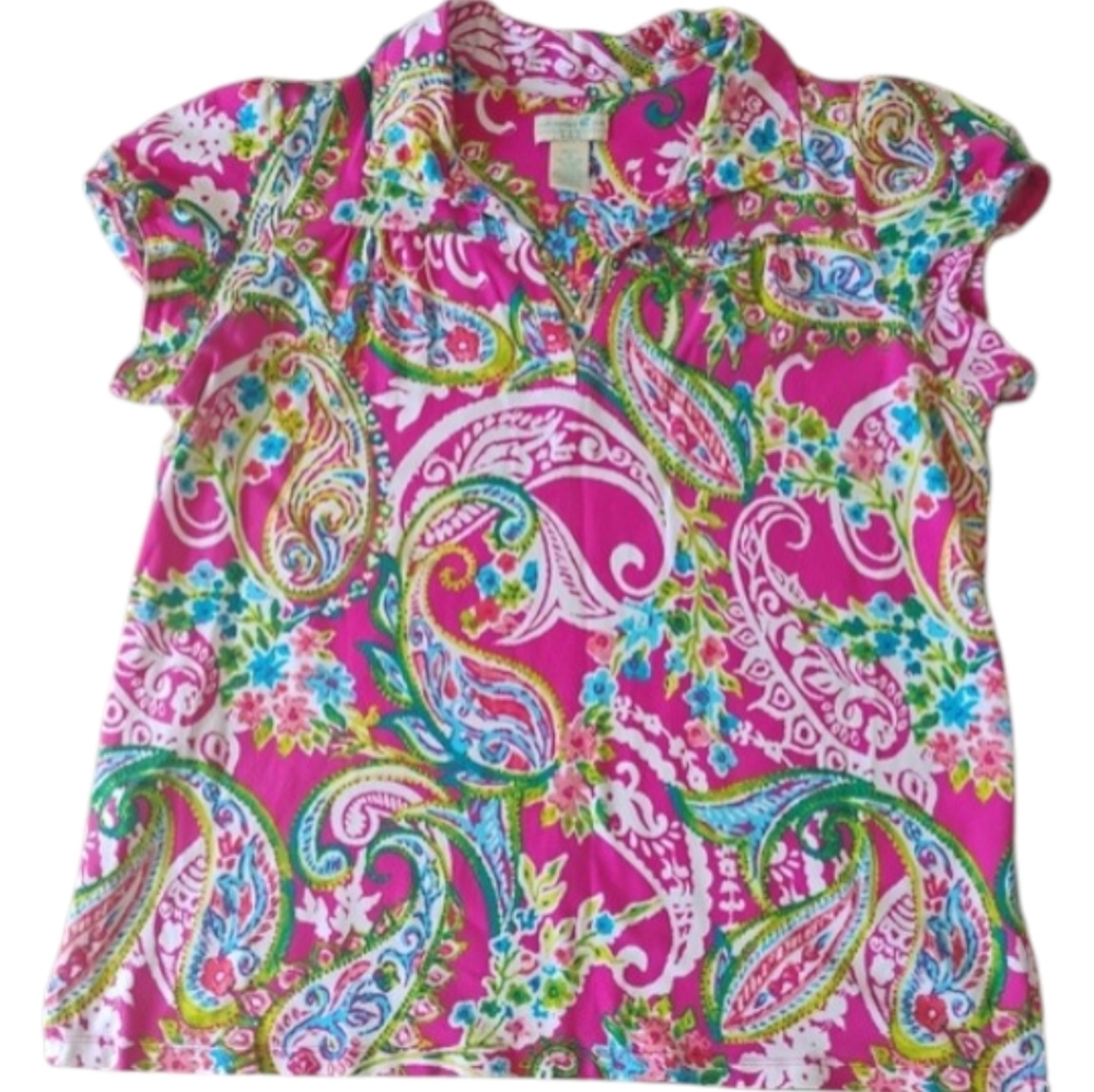 Caribbean Joe Pink and Green Paisley Top - Picture 2 of 5